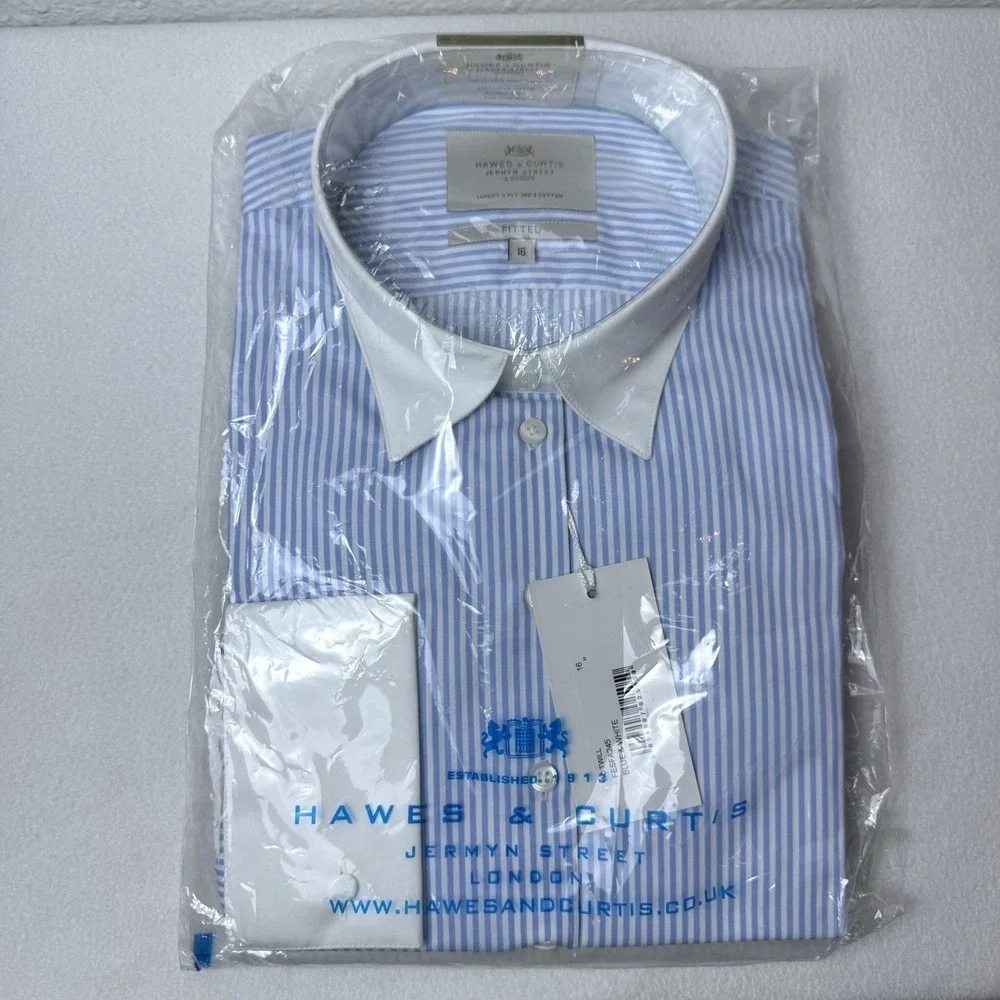 New Hawes & Curtis Womens Fitted Blue And White Striped Shirt UK 16 US 12 Preppy